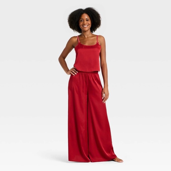 Auden Other - Women Red Satin Pajama Set Camisole Top and Wide Leg Pants Sleepwear Loungewear